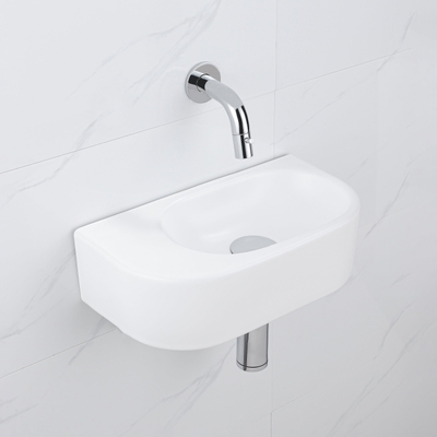 QeramiQ Fuente Ensemble de Lavabo - 40x21.5x12cm - lisse - demi-rond - céramique - ensemble de robinet chrome - bouchon de vidange - siphon abaissé - blanc mat