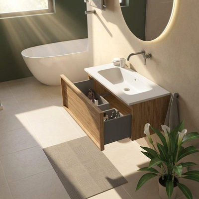 Saniclass Holz Frame Ensemble meuble de salle de bains - 100x45x57.5cm - lavabo Torino en solid surface blanc - sans trou de robinetterie - 1 tiroir - chêne natural mat (bois)