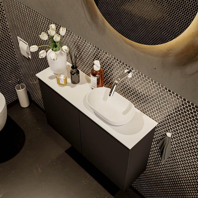 Mondiaz Fowy Toiletmeubel - 80x50x23cm - urban mat - 0 kraangaten - wasbak rechts - 2 deuren - solid surface - blad MDF - wasbak: wit