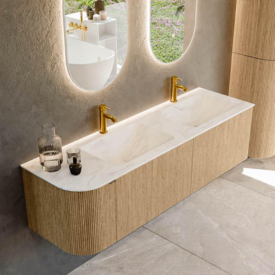 MONDIAZ KURVE-DLUX meuble de salle de bains 155cm avec module 25 L couleur Chêne avec 2 tiroirs et 1 porte. Lavabo LEAF double / droite 2 trous de robinet couleur Ostra.