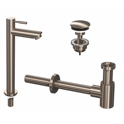 INK 2A Kit robinet lave-mains - robinet lave-mains sur pied - haut - toujours ouvert - bonde et siphon design - nickel brossé