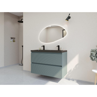 HR badmeubelen Infinity XXL 3D Ensemble meuble de salle de bains - 100 cm - 1 lavabo en céramique djazz noir mat - 2 trous de robinet - 2 tiroirs - petrol mat