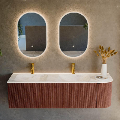 Ensemble de meuble de salle de bain Mondiaz KURVE-DLUX - 155x46x40cm - 2 tiroirs - 1 porte - lavabo en solid surface - double / gauche - 2 trous de robinet - Ruby