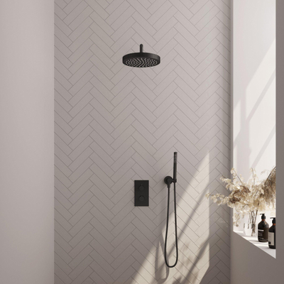 BRAUER Stripe Douche de pluie encastrée thermostatique - 3 voies - rectangulaire - SET 14 - pomme de douche 25 cm - bras mural courbé - douchette barre - flexible de douche - coude de raccordement mural - noir mat