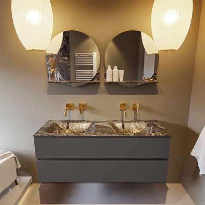 Mondiaz VICA-DLUX ensemble de meuble de salle de bain - 130cm - meuble sous-vasque gris foncé - 2 tiroirs - lavabo encastré cloud double - sans trous de robinet - version haute de 60cm - lave