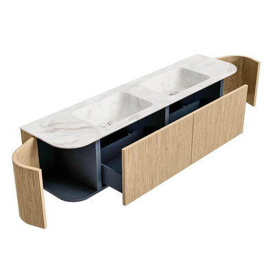 MONDIAZ KURVE-DLUX 180cm Meuble salle de bain avec module 25 G et D - couleur Oak - 2 tiroirs - 2 portes - vasque LEAF double - sans trou de robinet - couleur Frappe