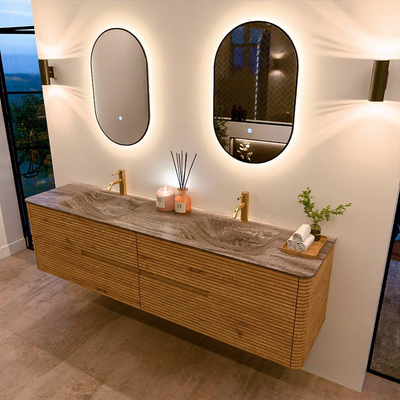 Mondiaz CIRO-DLUX Badkamermeubelset - 190x45x50cm - Solid surface wastafel Oza - 2 wasbak Dubbel - 2 kraangaten - 4 lades - Oak