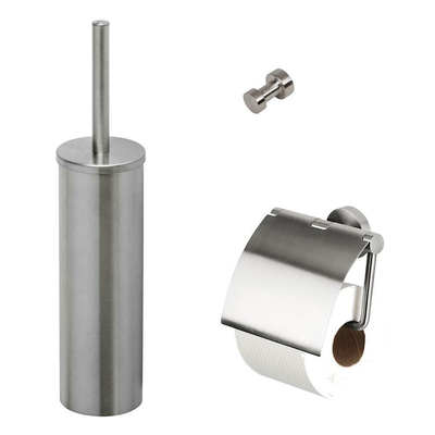 Geesa Nemox Set d'accessoires WC - Brosse de toilette avec support - Porte-rouleau de toilette avec couvercle - Crochet à serviette - inox brossé