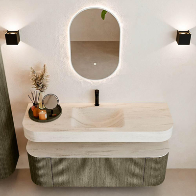 MONDIAZ THOR-DLUX 140cm meuble de salle de bains arrondi gauche + droite couleur Shadow avec 1 tiroir et 2 portes. Vasque suspendue CLOUD Milieu 1 trou de robinet couleur Meli.