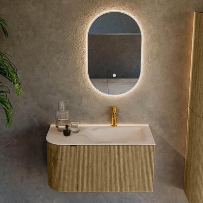 MONDIAZ KURVE-DLUX 85cm badmeubel ronding Links kleur Dusk met 1 lade en 1 deur. Wastafel CLOUD Rechts 1 kraangat Meli.