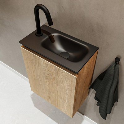 MONDIAZ TURE Fonteinset - 40x23x50cm - 1 kraangat - 1 deur - washed oak mat - Wasbak rechts - Solid Surface Zwart