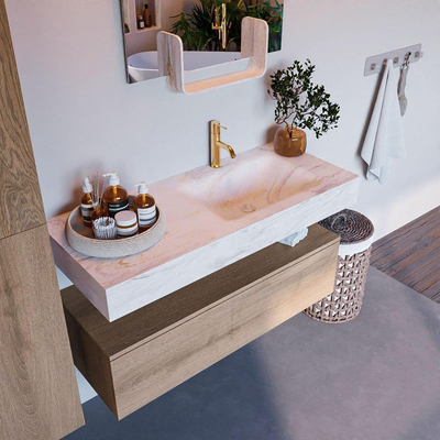 Mondiaz ALAN-DLUX Ensemble de meuble - 110cm - meuble Washed Oak mat - 1 tiroir - Lavabo Cloud Ostra suspendu - vasque Droite - 1 trou de robinet