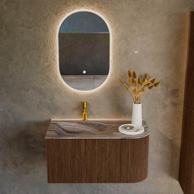 MONDIAZ KURVE-DLUX meuble de salle de bains 85cm arrondi droite couleur noyer avec 1 tiroir et 1 porte. Vasque CLOUD gauche 1 trou de robinetterie Sombra.