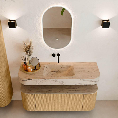 MONDIAZ THOR-DLUX 130cm badmeubel ronding links + rechts kleur Oak met 1 lade en 2 deuren. Vrijhangende wastafel CLOUD Midden zonder kraangat kleur Arena.