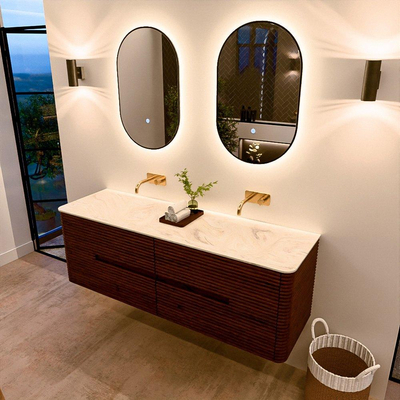 Mondiaz CIRO-DLUX Badkamermeubelset - 150x45x50cm - Solid surface wastafel Ostra - 2 wasbak Dubbel - zonder kraangaten - 4 lades - Ruby