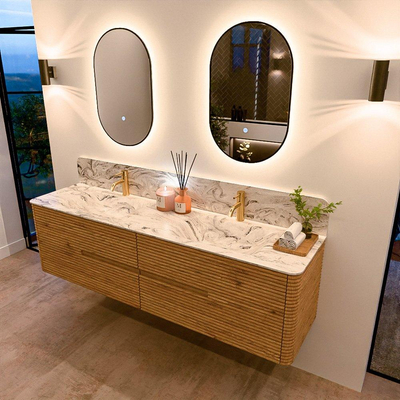 Mondiaz CIRO-DLUX Badkamermeubelset - 180x45x50cm - Solid surface wastafel Glace - 2 wasbak Dubbel - 2 kraangaten - 4 lades - Oak