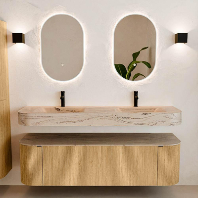 MONDIAZ THOR-DLUX 160cm meuble de salle de bains arrondi gauche + droite couleur Oak avec 1 tiroir et 2 portes. Vasque suspendue CLOUD Double 2 trous de robinet couleur Arena.