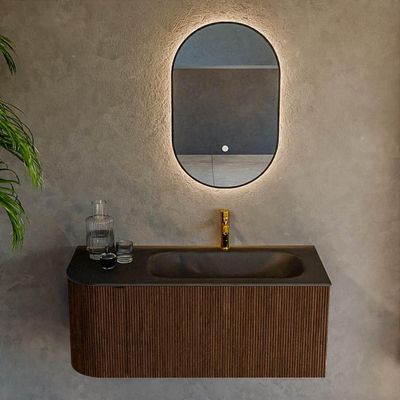 MONDIAZ KURVE meuble de salle de bains 105cm avec module 25 L couleur Walnut avec 1 tiroir et 1 porte. Lavabo BIG SMALL à droite 1 trou de robinet Urban.