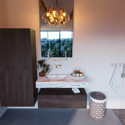 Mondiaz ALAN-DLUX 100cm meuble de salle de bain sous-vasque Marron Foncé 1 tiroir. Lavabo suspendu CLOUD gauche sans trou de robinet, couleur Glace