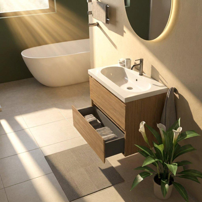Saniclass Holz Pure Ensemble de meubles de salle de bains - 80x45x63.5cm - Lavabo en céramique Palermo blanc - 1 vasque - 1 trou de robinet - 2 tiroirs - chêne natural mat (bois)