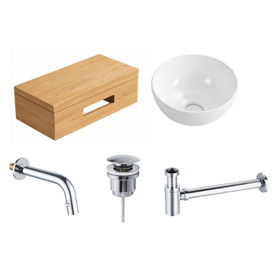 Royal Plaza Terra Planche pour lave-mains - 40x25x10cm - avec porte-serviettes - vasque à poser blanc brillant - robinet de lave-mains chrome - bonde - siphon - sandwood (chêne clair)