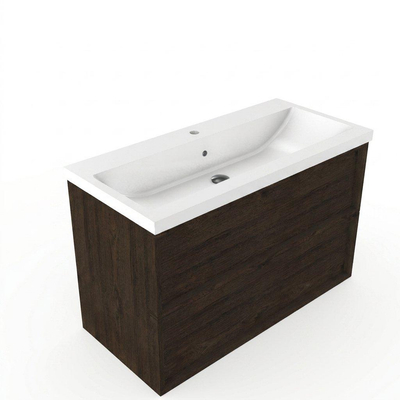 Saniclass Holz Frame Ensemble meuble de salle de bains - 100x45x63.5cm - Lavabo en céramique Bari blanc - 1 vasque - 1 trou de robinetterie - 2 tiroirs - chêne charcoal mat (bois)