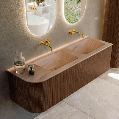 MONDIAZ KURVE-DLUX Meuble de salle de bains 145cm arrondi à gauche couleur Walnut avec 1 tiroir et 1 porte. Lavabo LEAF Double / Droite sans trou de robinet Saba.