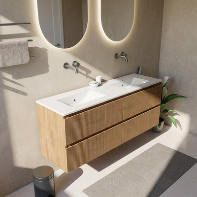 Saniclass Holz Atelier Ensemble meuble de salle de bains - 160x45x62cm - Lavabo Vygo en céramique blanc - 2 vasques - sans trous de robinetterie - 4 tiroirs - chêne natural mat (bois)