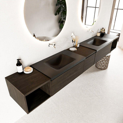 MONDIAZ BUKLA 280cm badmeubel met open module 40 L+R kleur Dark Brown met 3 lades. Wastafel CLOUD dubbel 0 kraangaten kleur Urban.