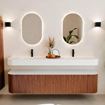 MONDIAZ THOR 190cm meuble de salle de bains arrondi gauche + droite couleur Ruby avec 2 tiroirs et 2 portes. Vasque suspendue CLOUD Double 2 trous de robinet couleur Talc.