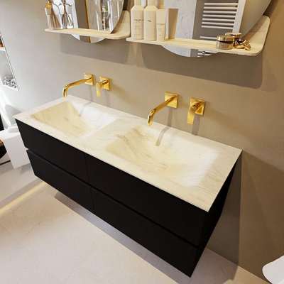 Mondiaz VICA-DLUX ensemble de meuble de salle de bain - 130cm - meuble sous-vasque urbain - 4 tiroirs - lavabo encastré cloud double - sans trous de robinet - version haute de 60cm - opalo