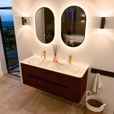 Mondiaz CIRO-DLUX Badkamermeubelset - 130x45x50cm - Solid surface wastafel Frappe - 2 wasbak Dubbel - 2 kraangaten - 4 lades - Ruby