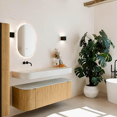 MONDIAZ THOR-DLUX Meuble de salle de bains 140cm arrondi gauche + droite couleur Oak avec 1 tiroir et 2 portes. Vasque suspendue CLOUD Gauche sans trou de robinet couleur Opalo.