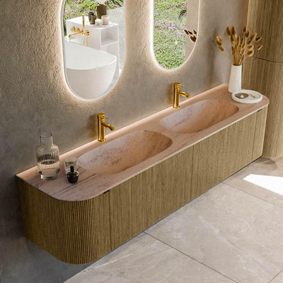 MONDIAZ KURVE-DLUX 190cm meuble de salle de bains arrondi Gauche + Droite couleur Dusk avec 2 tiroirs et 2 portes. Lavabo STOR SMALL Double 2 trous de robinet Saba.