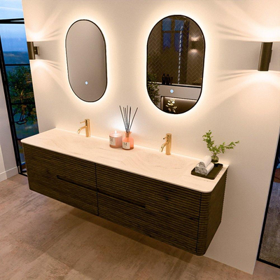 Mondiaz CIRO-DLUX Badkamermeubelset - 180x45x50cm - Solid surface wastafel Meli - 2 wasbak Dubbel - 2 kraangaten - 4 lades - Shadow