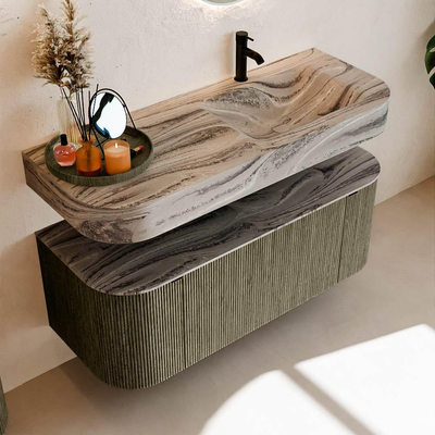 MONDIAZ THOR-DLUX Meuble de salle de bains 120cm arrondi gauche + droite couleur Shadow avec 1 tiroir et 2 portes. Vasque suspendue CLOUD Droite 1 trou de robinet couleur Sombra.