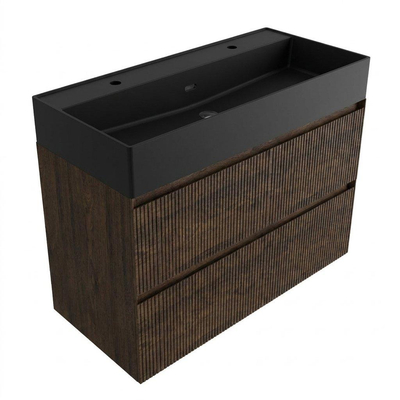 Saniclass Holz Atelier Badkamermeubelset - 100x45x72cm - Legend keramische wastafel mat zwart - 1 wasbak - 2 kraangaten - 2 lades - mat eiken charcoal (hout)