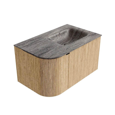 MONDIAZ KURVE-DLUX meuble de salle de bains 75cm arrondi à gauche couleur chêne avec 1 tiroir et 1 porte. Lavabo GRUNNE à droite sans trou de robinet Oza.