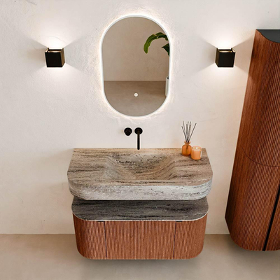 MONDIAZ THOR-DLUX 100cm meuble de salle de bains arrondi gauche + droite couleur Ruby avec 1 tiroir et 2 portes. Vasque suspendue CLOUD Milieu sans trou de robinet couleur Oza.