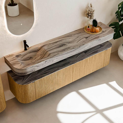 MONDIAZ THOR-DLUX 200cm meuble de salle de bains arrondi gauche + droite couleur Oak avec 2 tiroirs et 2 portes. Vasque suspendue CLOUD gauche 1 trou de robinet couleur Sombra.