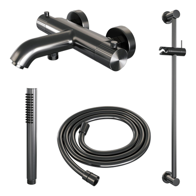 BRAUER Stripe Baddouche Thermostaatkraan - SET 01 - opbouw - glijstang - staaf handdouche - doucheslang - gunmetal geborsteld PVD