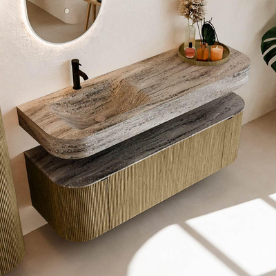 MONDIAZ THOR-DLUX 140cm meuble de salle de bains arrondi gauche + droite couleur Dusk avec 1 tiroir et 2 portes. Vasque suspendue CLOUD gauche 1 trou de robinet couleur Oza.