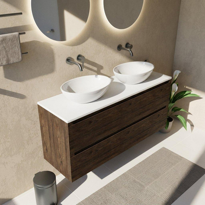 Saniclass Holz Pure Ensemble meuble de salle de bains - 140x45x62.5cm - plan de toilette Torino en solid surface blanc - sans trou de robinet - 4 tiroirs - chêne charcoal mat (bois)