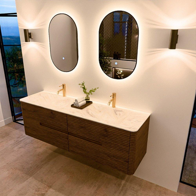 Mondiaz CIRO-DLUX Badkamermeubelset - 160x45x50cm - Solid surface wastafel Ostra - 2 wasbak Dubbel - 2 kraangaten - 4 lades - Dusk