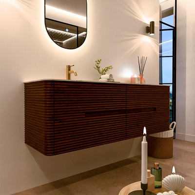 Mondiaz CIRO-DLUX Badkamermeubelset - 150x45x50cm - Solid surface wastafel Frappe - 1 wasbak Links - 1 kraangat - 4 lades - Ruby