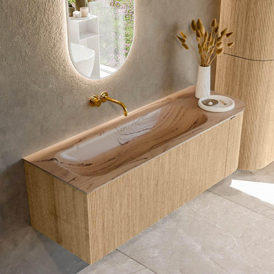 MONDIAZ KURVE-DLUX 135cm meuble de salle de bains courbe Droite couleur Chêne avec 1 tiroir et 1 porte. Lavabo BIG MEDIUM Gauche sans trou de robinet Arena.