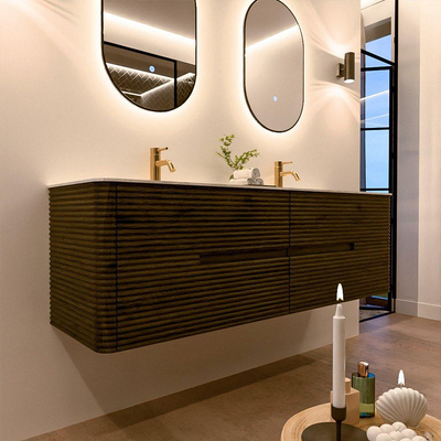 Mondiaz CIRO-DLUX Ensemble de meuble de salle de bains - 160x45x50cm - Plan de toilette solid surface Opalo - 2 vasques double - 2 trous de robinetterie - 4 tiroirs - Shadow