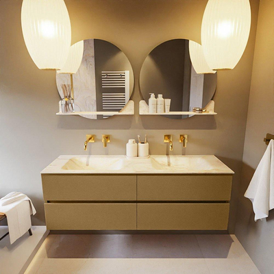 Mondiaz VICA-DLUX ensemble de meuble de salle de bain - 150cm - meuble sous-vasque oro - 4 tiroirs - lavabo encastré cloud double - sans trous de robinet - version haute de 60cm - ostra