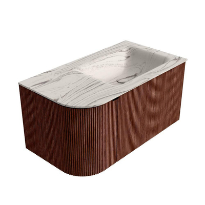 MONDIAZ KURVE-DLUX Meuble de salle de bains 85cm arrondi à gauche couleur Ruby avec 1 tiroir et 1 porte. Lavabo CLOUD à droite sans trou de robinet Nata.
