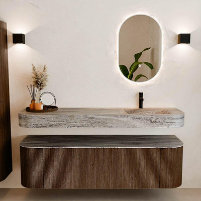 MONDIAZ THOR-DLUX 160cm badmeubel ronding links + rechts kleur Walnut met 1 lade en 2 deuren. Vrijhangende wastafel CLOUD Rechts 1 kraangat kleur Oza.